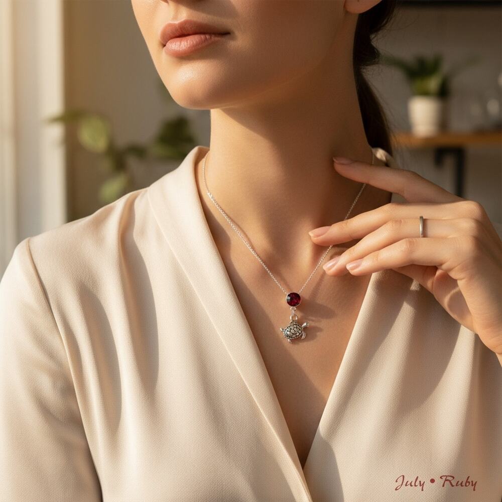 3/$25 - July Birthstone Ruby Necklace Turtle Charm Silver Tone Adjustable